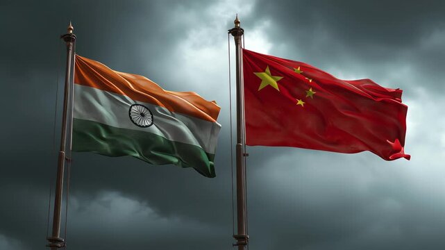 Flag exchange between india and china political landscape graphic content cloudy environment dramatic viewpoint