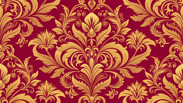 Vector art of golden damask seamless pattern on a red background, vintage floral ornament decorative design for wallpaper, textile, fabric, and wrapping paper