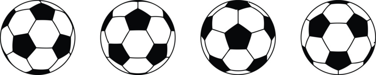 Four stylized soccer balls in a row showing different perspectives and motion