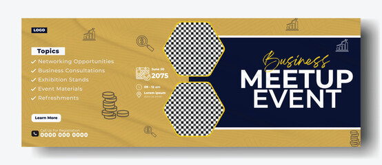 Modern Business Event Invitation Template with Hexagon Frames and Gold Accents