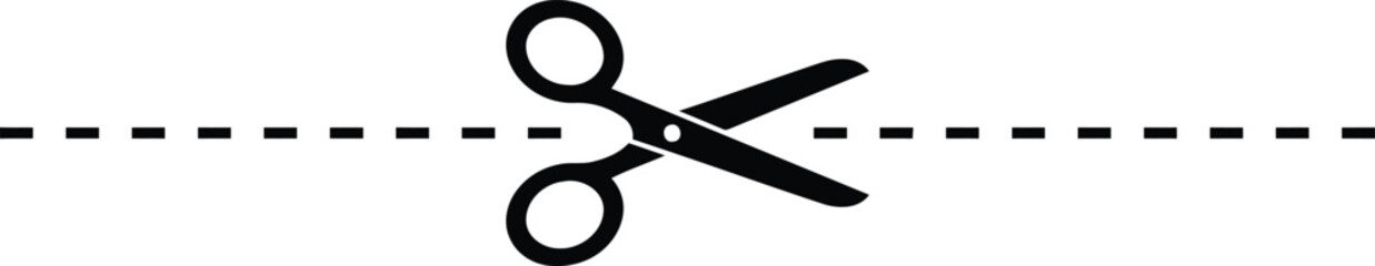 Black silhouette of scissors cutting a dashed line across a white background