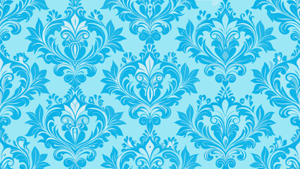 Vector art of seamless damask pattern with floral ornaments in light blue and turquoise shades creates a vintage and elegant background for various design projects