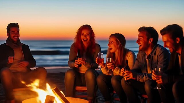 Friends laugh around a fire pit on a beach at sunset