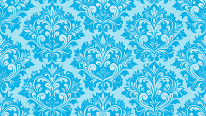 Vector art of a light blue damask pattern on a light blue background creates a vintage and decorative wallpaper design, perfect for adding a touch of elegance