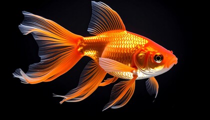 A striking close-up view of a vibrant orange goldfish, showcasing intricate fin details against a stark black backdrop.