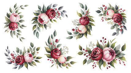 Watercolor floral collection with burgundy and blush pink flowers and green leaves isolated on a white background.

