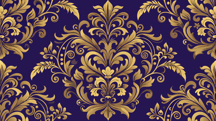 Vector art of vintage damask pattern with golden floral ornaments on a blue background, ideal for decorative wallpaper
