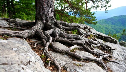 A substantial tree's strong roots spread across a grey stone outcrop, reaching out against a backdrop of green hills.