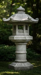 A gray stone Japanese pagoda lantern stands in a garden setting with green foliage behind it