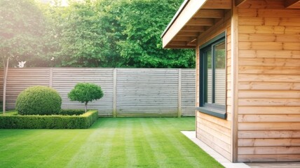 Modern Backyard with Wooden Shed, Green Lawn, and Minimal Landscaping