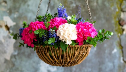 A vibrant hanging basket overflowing with pink, white, and blue flowers, creating a cheerful and inviting display against a textured backdrop.