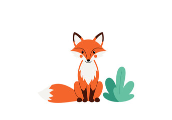 Obraz premium Charming illustration of a cute sitting fox next to lush green foliage on a white background