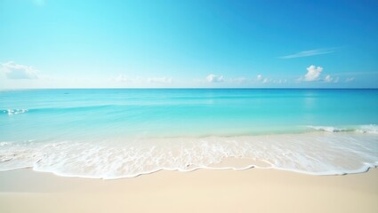 Fototapeta premium Tranquil turquoise ocean waves gently lapping at a pristine white sand beach under a vibrant azure sky.