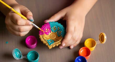 Child painting colorful clay diya for Diwali festival, creative handmade decoration symbolizing tradition, culture, and celebration of lights in India
