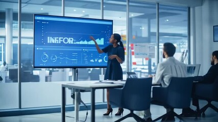 Dynamic business presentation with data analysis and financial projections, in a modern conference - Powered by Adobe