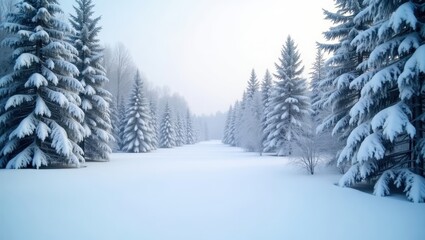 Naklejka premium A serene winter landscape unfolds, showcasing a snowy forest, bathed in soft light, and filled with tall evergreen trees laden with snow.
