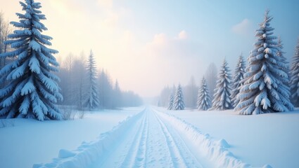 Fototapeta premium A serene winter landscape showcases a snow-covered forest path, bathed in soft, pastel light.