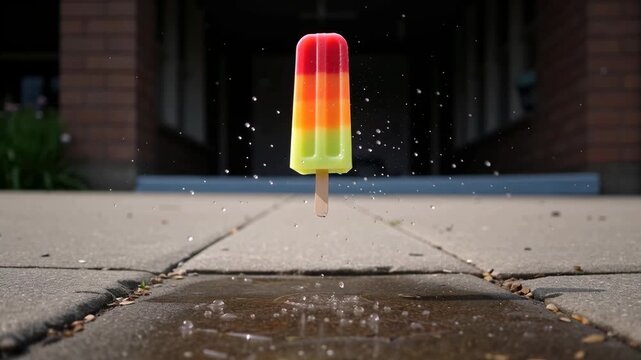 Vibrant outdoor summer scene with colorful cherry popsicle creating splash of water sunny day, capturing lively national summer fun and refreshing. National Cherry Popsicle&nbsp;Day