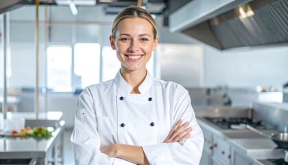 Portrait of a confident and successful female chef, an empowered leader standing with arms crossed in a professional restaurant kitchen