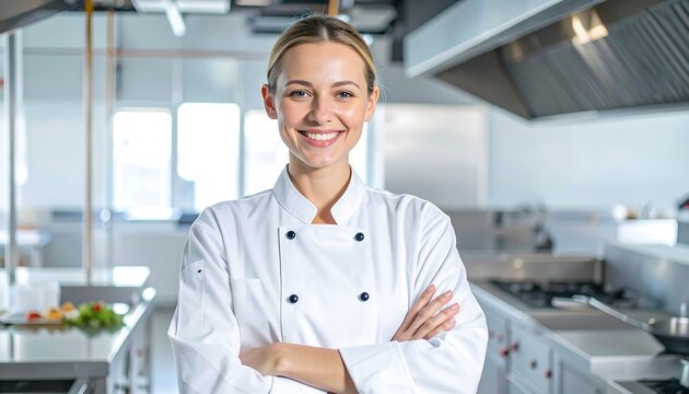 Portrait of a confident and successful female chef, an empowered leader standing with arms crossed in a professional restaurant kitchen