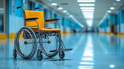 Obraz premium Empty Wheelchair in Hospital Corridor.