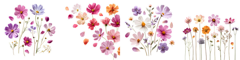 Collection of Colorful Cosmos Flowers on White Background