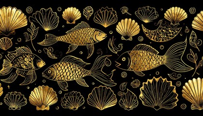 A rich, gold-embossed pattern of sea creatures, including fish and shells, creates a sophisticated and elegant design on a black background.