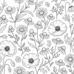 Seamless Pattern, Seamless floral pattern with chamomile and poppy flowers in black and white Stock royalty free.