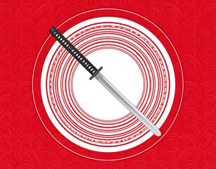 A katana rests on a large white plate with concentric red rings against a red patterned background