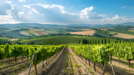 Obraz premium French and Italian vineyards dot the rural landscape, with rows of green grapevines stretching across sunny hills and valleys under a clear summer sky