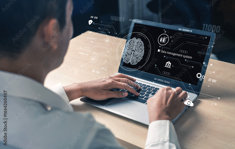 Poster ai data management system for digital analysis, with ai, data, and system repeating for better seo t