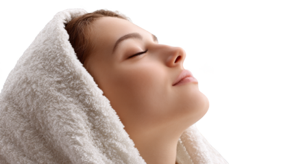 A young woman gracefully wrapped in a soft white bath towel after a refreshing shower looking upward with a serene expression of contemplation and tranquility in a bright bathroom setting.