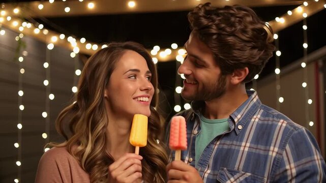 Joyful outdoor celebration with couple sharing happiness and love string lights during night, featuring colorful popsicles, friendship, and festive. National Cherry Popsicle Day