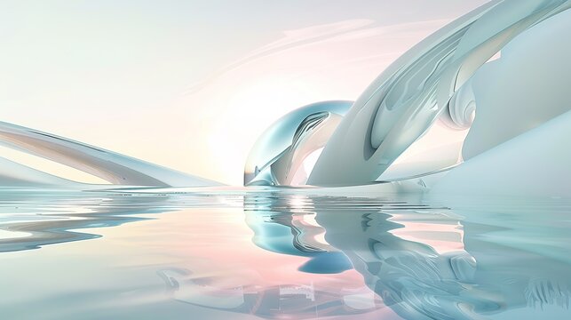Abstract fluid architectural design featuring soft pastel colors—pinks, blues, yellows—that reflect gently on calm water, highlighting smooth textures, light play, and modern structural aesthetics sui