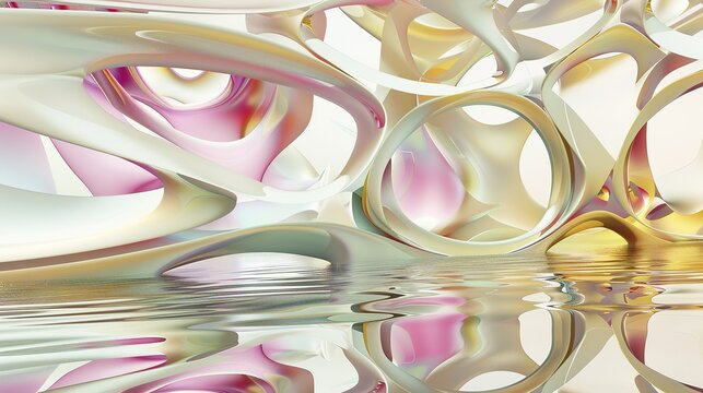 Abstract fluid architectural design featuring soft pastel colors—pinks, blues, yellows—that reflect gently on calm water, highlighting smooth textures, light play, and modern structural aesthetics sui