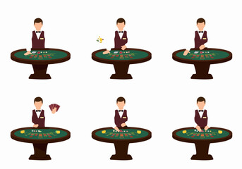 Casino dealer at gaming table with chips and cards