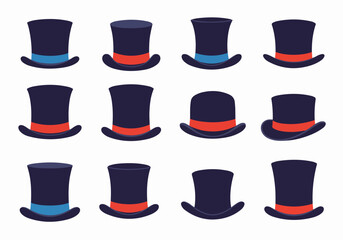 Top hats with blue and red bands with transparent background