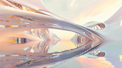 Fototapeta premium Abstract fluid architectural design featuring soft pastel colors—pinks, blues, yellows—that reflect gently on calm water, highlighting smooth textures, light play, and modern structural aesthetics sui