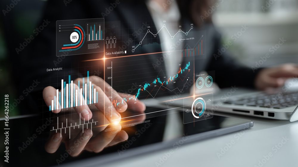 Poster data analytics dashboard with charts, indicators, and performance metrics, reveals trends, data anal