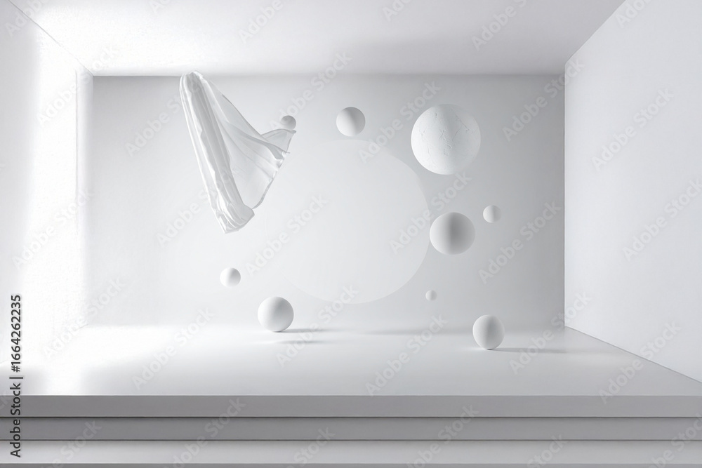 Poster minimalist white studio setting featuring a flowing fabric, various sized spheres, and circular back