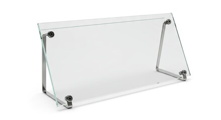 Clear glass sign holder with metal frame and visible screw fittings viewed at an angle on a white background