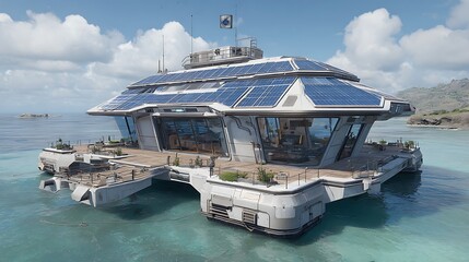 Floating house solar powered sustainable living eco friendly home design in tropical island paradise view