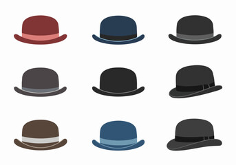 Collection of bowler hats in various colors with transparent background