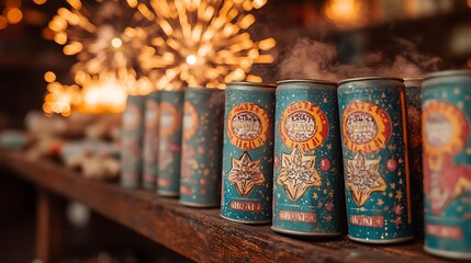Festive Cans Row Celebratory Drink with Firework Burst, and Party Mood.