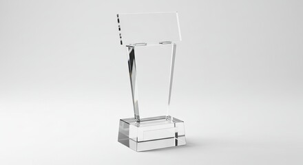 Clear glass trophy on a white background featuring a rectangular base tapering center and elevated top plate