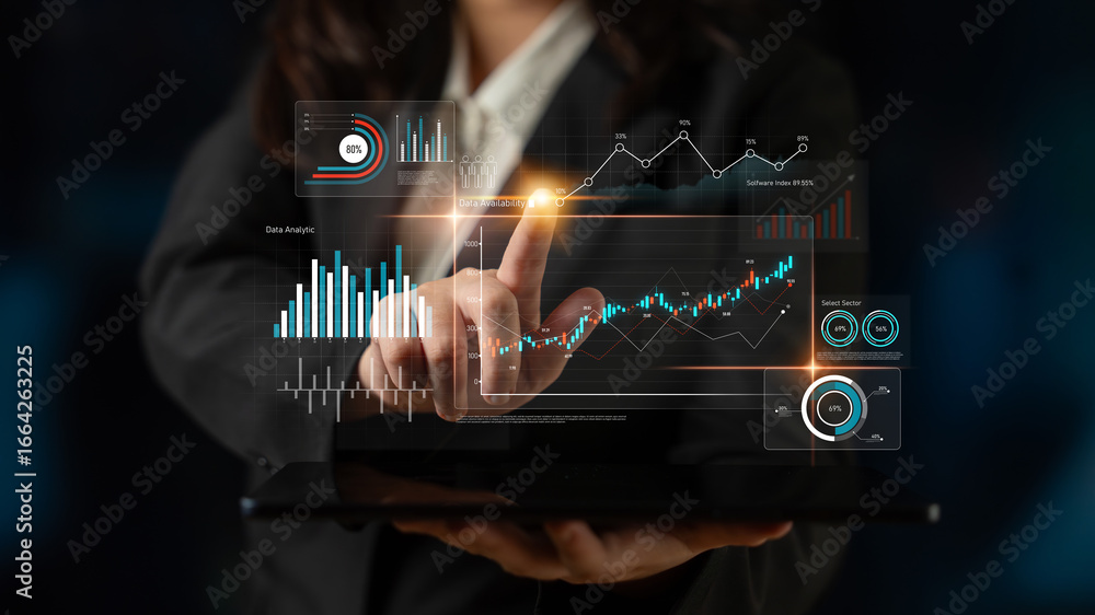 Poster data analytics dashboard with charts, indicators, and performance metrics, reveals trends, data anal