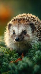 Fototapeta premium Hedgehog exploring a lush green landscape during the golden hour in a serene natural habitat