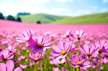 Fototapeta premium Pink Flower Field with Blue Sky, Clouds and Distant Hill Landscape
