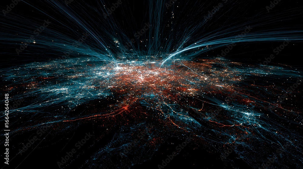 Poster abstract network connection technology background with glowing lines and light particles