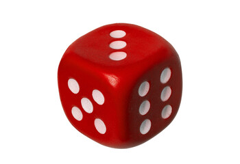 Red six sided die with white pips isolated on transparent background